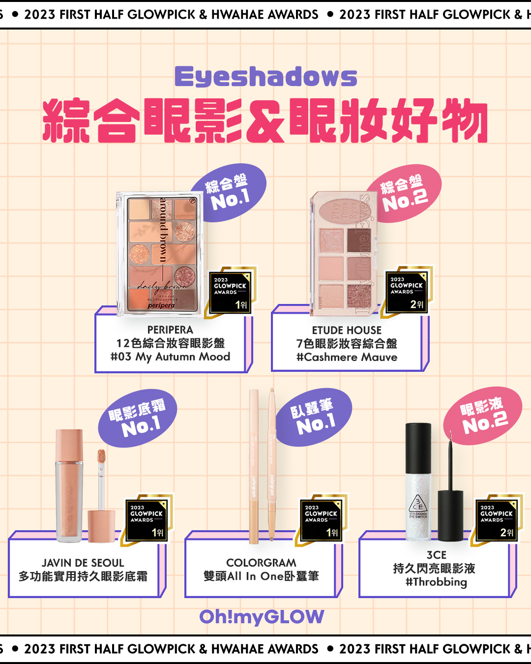 綜合眼影盤:peripera 12色綜合妝容眼影盤,Etude House 7色眼影妝容綜合盤
眼部打底好物:JAVIN DE SEOUL 多功能實用持久眼影底霜
眼妝好物:colorgram 雙頭all in one卧蠶筆,3CE 持久閃亮眼影液