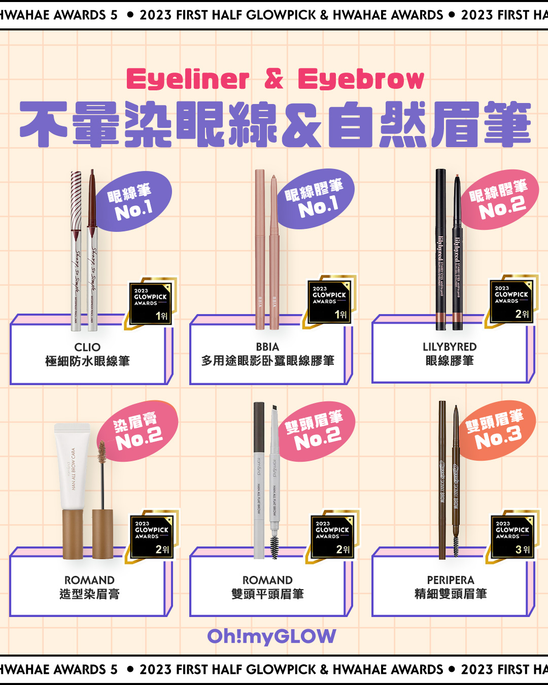不暈染眼線筆:CLIO 極細防水眼線筆
不暈染眼線膠筆:BBIA 多用途眼影卧蠶眼線膠筆,lilybyred 眼線膠筆
自然染眉膏:romand 造型染眉膏
自然眉筆:romand 雙頭平頭眉筆,peripera 精細雙頭眉筆