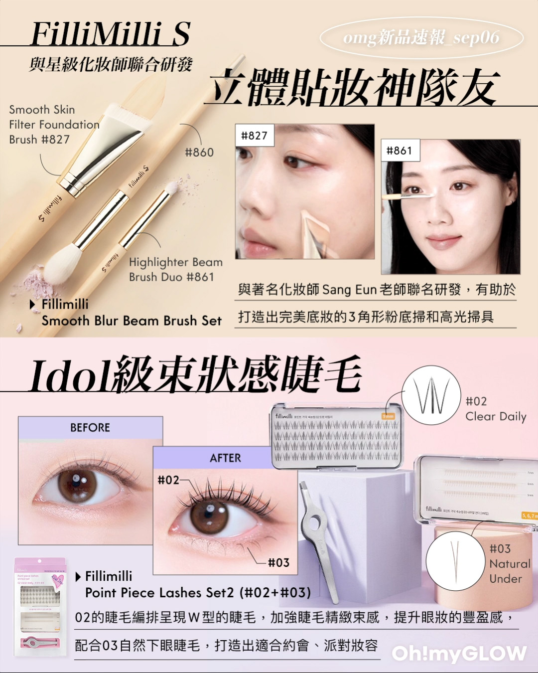 OMG 入秋新品情報大放送 轉季必收話題彩妝品 FilliMilli S 系列 Smooth Blur Beam Brush Set 立體柔滑底妝限量套裝連化妝袋Pouch 粉底掃#827 + 高光掃(#861 + #860) 3支掃Set FilliMilli S 系列 Smooth Skin Filter Foundation Brush 3角形美肌濾鏡粉底掃#827 FilliMilli S 系列 Highlighter Beam Brush Duo 透亮立體提亮掃限量套裝高光掃(#861 + #860) 2件掃Set
