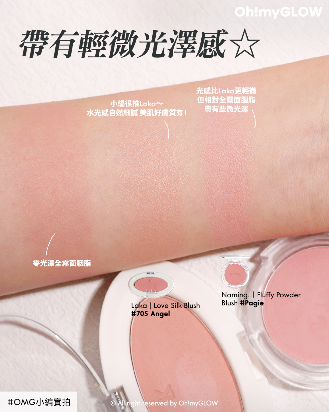 粉嫩好氣色胭脂提案 每個女生都值得擁有的不踩雷必備之選 女子力UP+顯氣色+不挑皮要有 Laka Love Silk Blush 單色絲滑胭脂- 9色選擇 705 Angel Naming. Fluffy Powder Blush 單色絲絨霧面胭脂- 12色選擇 Pagie