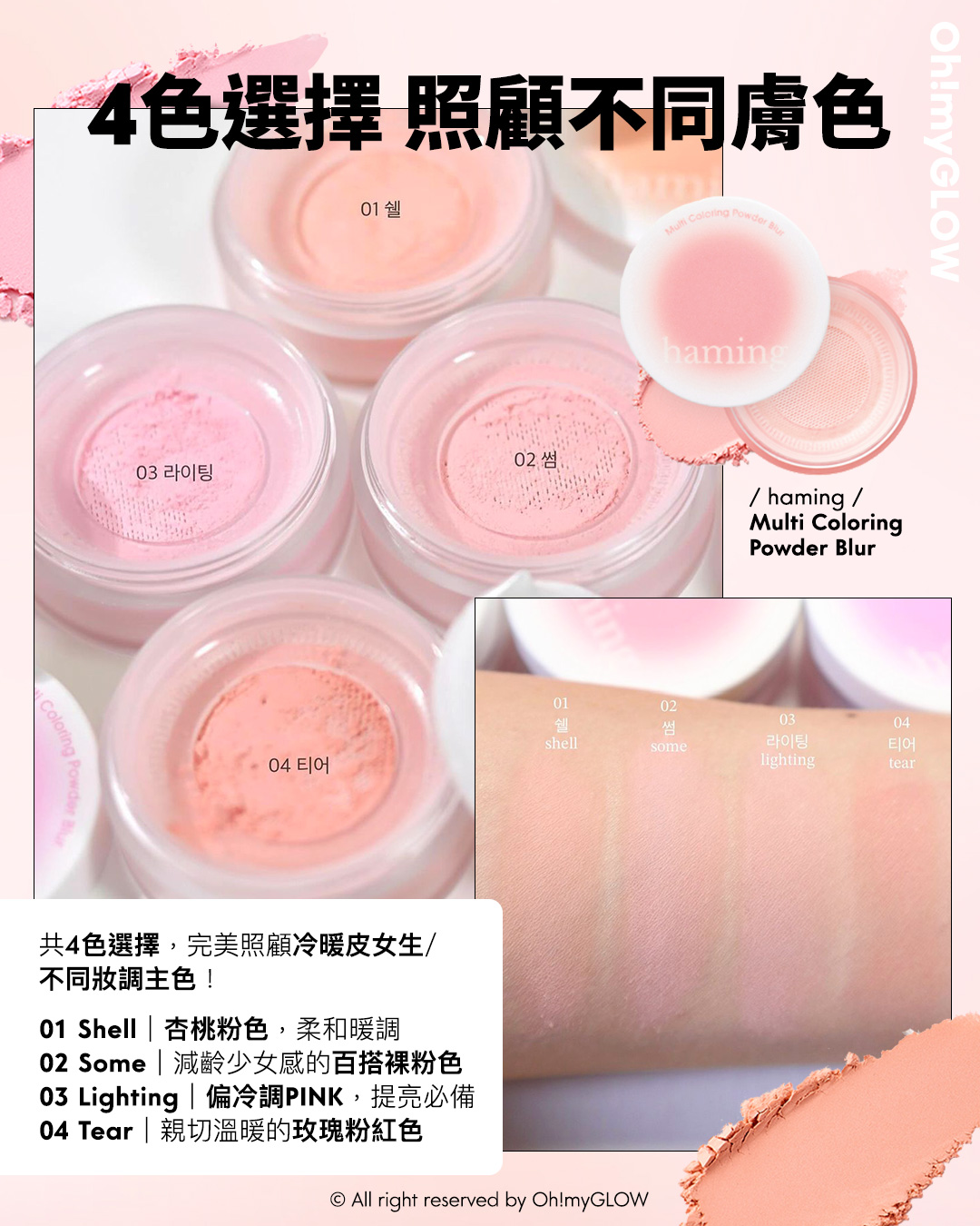 抄筆記時間 2024韓妝重點你要識!跟上idol的美妝潮流 | Feat. Haming不只是胭脂和唇彩 Haming Multi Coloring Powder Blur 多用途水彩柔焦定妝胭脂散粉 – 4色選擇 01 SHELL 02 SOME 03 LIGHTING 04 TEAR 4色選擇 照顧不同膚色