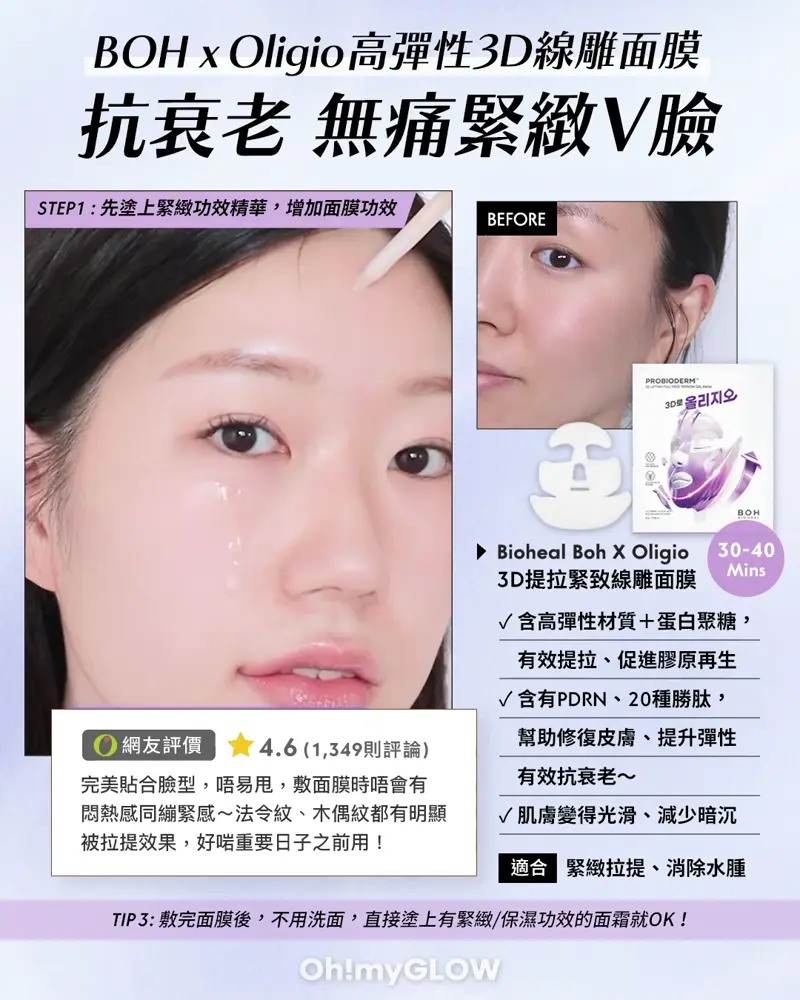識變透明嘅Magic Mask 6款爆紅韓國膠原果凍面膜 全新材質技術 Q彈緊緻肌GET BioHeal BOH X Oligio Probioderm 3D Lifting Full Face Tension Gel Mask 益生菌3D全面提拉抗老彈力凝膠面膜 BOH x Oligio高彈性3D線雕面膜 抗衰老 無痛緊緻V臉 STEP1: 先塗上緊緻功效精華,增加面膜功效