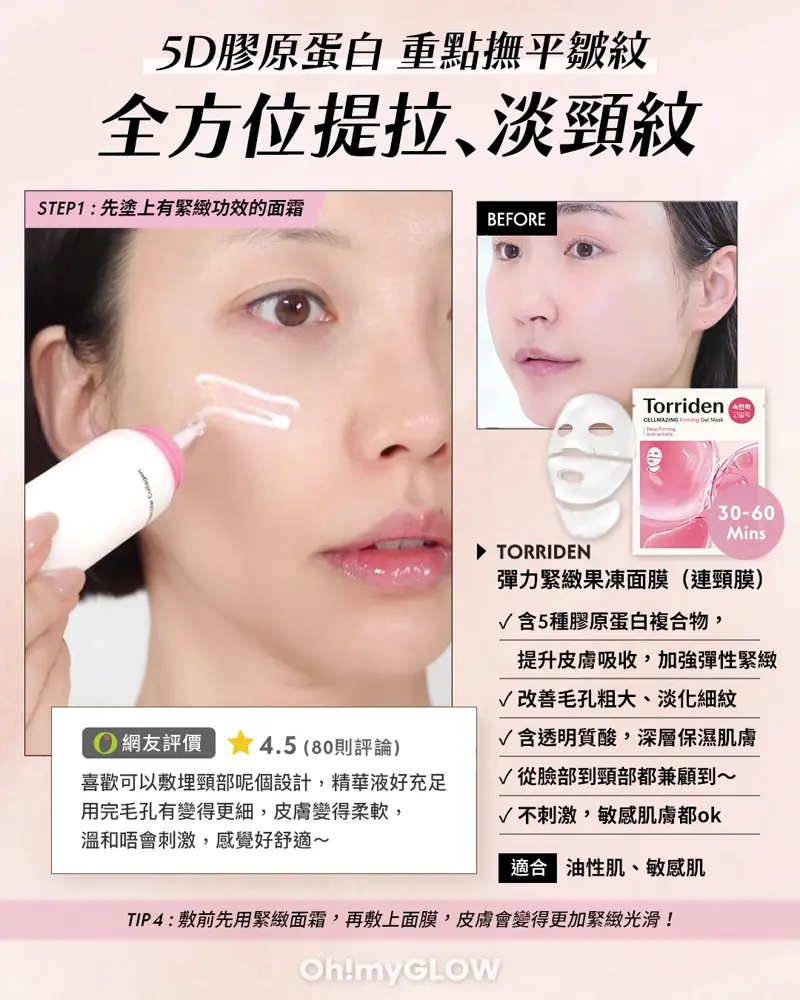 識變透明嘅Magic Mask 6款爆紅韓國膠原果凍面膜 全新材質技術 Q彈緊緻肌GET 5D膠原蛋白 重點撫平皺紋 全方位提拉﹑淡頸紋 Torriden Cellmaizing Firming Gel Mask 低分子膠原蛋白彈力緊緻果凍面膜連頸膜 – 單片 STEP1: 先塗上有緊緻功效的面霜