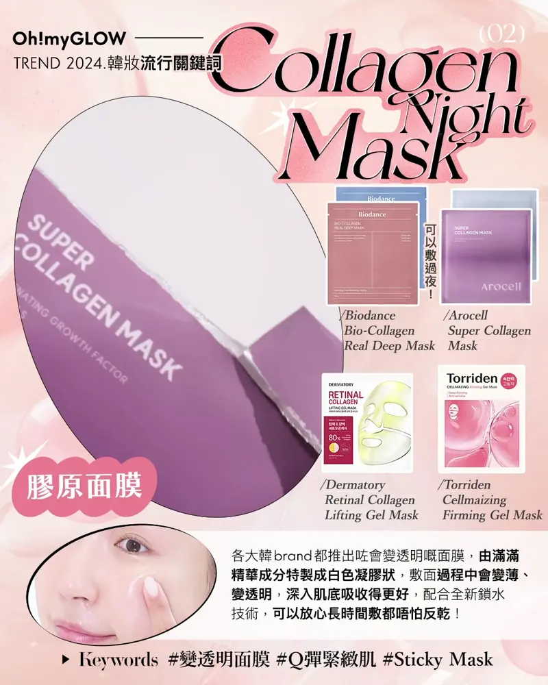 TREND 2024-2025. 韓系Skincare流行關鍵詞：OMG年末總結——韓妹今年都在追捧什麼護膚熱潮？ Biodance Bio-Collagen Real Deep Mask 超低分子生物膠原蛋白收毛孔緊緻保濕水凝膠深層睡眠面膜 – 兩款選擇 Biodance Hydro Cera-nol Real Deep Mask 透明質酸冰川水神經酰胺深層保濕舒緩果凍面膜 – 兩款選擇 AROCELL Super Collagen Mask 第3代超級膠原蛋白緊彈抗老凝膠果凍面膜4片裝 – 2種選擇 AROCELL BOTULCARE MASK EX 肉毒桿菌胜肽收毛孔去浮腫膠原蛋白果凍面膜4片裝 – 2種選擇 Dermatory Retinal Collagen Lifting Gel Mask 維A膠原蛋白緊緻收毛孔果凍面膜 – 2款選擇 Torriden Cellmaizing Firming Gel Mask 低分子膠原蛋白彈力緊緻果凍面膜連頸膜 – 2款選擇