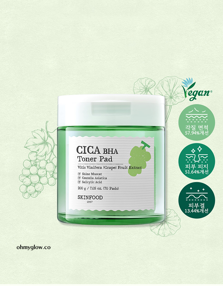 韓國 Skinfood Shine Muscat Cica BHA Toner Pad 香印青提子🍇積雪草角質護理爽膚棉片 - 70片裝