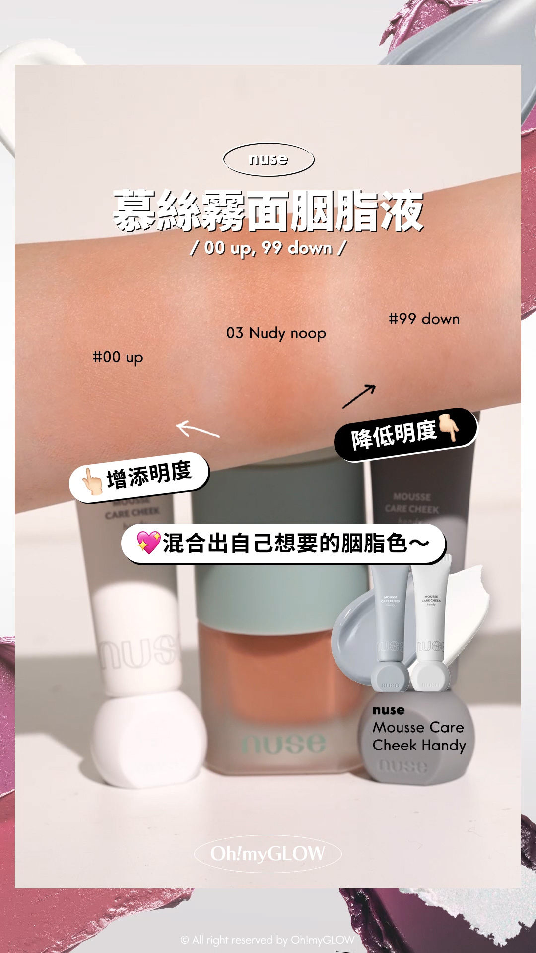 OMG呈獻——韓妝黑白大戰 盤點黑白色獵奇彩妝品 #OMG實測 +教埋你點樣好好運用 nuse 慕絲霧面胭脂液 00 up, 99 down 混合出自己想要的胭脂色~ nuse mousse care cheek handy 修護慕絲霧面胭脂液【便攜版】- 8色選擇 00 up 增添明度 99 down 降低明度 nuse Mousse Care Cheek 修護慕絲霧面胭脂液(#01-04) – 4色選擇 03 Nudy noop