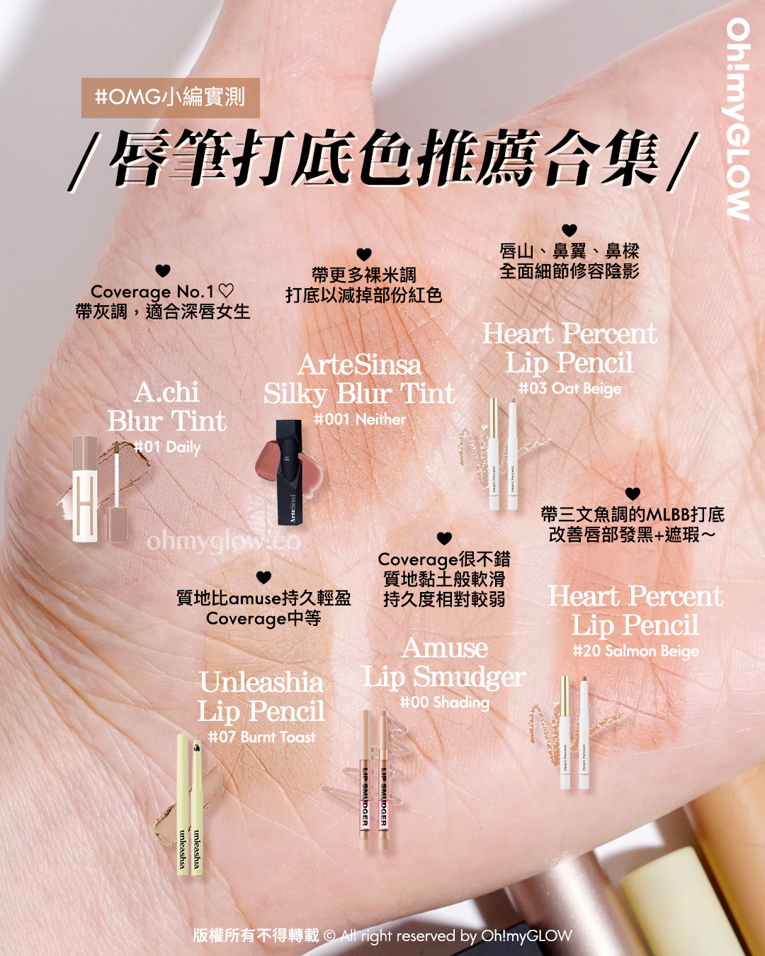 有咗佢唇彩就可以「零色差完美直出」!? 韓國大熱唇部打底 A.chi 霧泥唇釉 OMG實測 &用法合集 OMG小編實測 唇筆打底色推薦合集 A.chi Blur Tint 持久高遮瑕染霧泥唇釉(#01-06) – 6色選擇 01 Daily Coverage No.1 帶灰調,適合深唇女生 ArteSinsa Silky Blur Tint 輕軟絲霧泥唇釉 – 5色選擇 #001 Neither 帶更多祼米調 打底以減掉部份紅色 Heart Percent Dote on Mood Pure Mood Lip Pencil 點綴心情多功能唇筆 – 20色選擇 03 Oat Beige 唇山、鼻翼、鼻樑 全面細節修容陰影 20 Salmon Beige 帶三文魚調的MLBB打底 改善唇部發黑+遮瑕~ Unleashia Oh! Happy Day Lip Pencil 自然暈染唇線筆 – 7色選擇 #07 Burnt Toast 質地比amuse持久輕盈 Coverage中等 Amuse Lip Smudger 唇線唇膏筆 – 5色選擇 00 SHADING Coverage很不錯 質地黏土般軟滑 持久度相對較弱