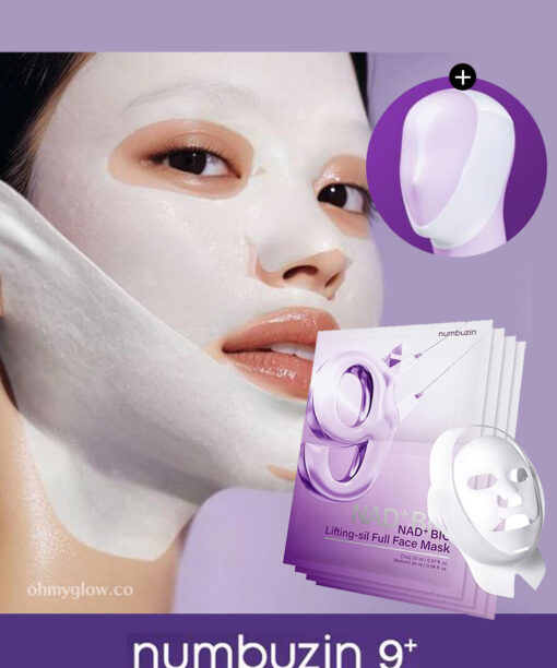 V臉提拉 告別雙下巴～韓國 numbuzin No.9+ NMN NAD+ Bio Lifting-sil Full Face Mask 醫美級生物成份NMN高效抗老提拉緊緻彈力面膜 - 一盒4片裝附送彈加V臉布